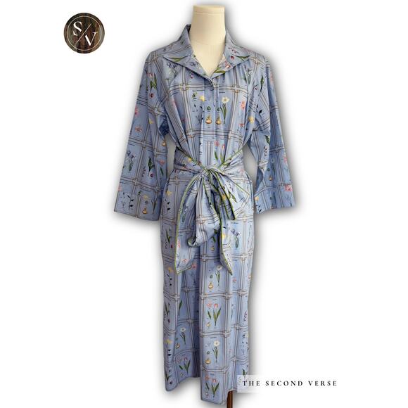 holly shae Dresses & Skirts - Holly Shae Spring Dress, Botanical Library Tie Waist Blue Midi Size M/L
